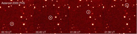 Fig 1: Asteroid 2000 PH5 imaged at optical wavelengths using ESO’s 3.5m New Technology Telescope in Chile on August 27, 2003. The asteroid can be seen moving relative to the background stars.