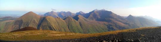 Panorama of Snowdonia including Snowdon (centre right) taken from Mynydd Mawr. Licensed under the Creative Commons Attribution ShareAlike 2.5 License.