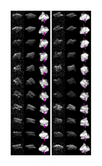 Fig 2: Radar images obtained at the Arecibo facility in Puerto Rico on July 28, 2004, covering one full rotation of asteroid 2000 PH5 (columns 1 and 4).